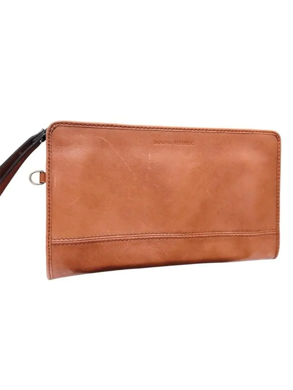 (RB) Banana Republic Parkside Wallet Cognac Leather Clutch Bag Gold Hardware Zip